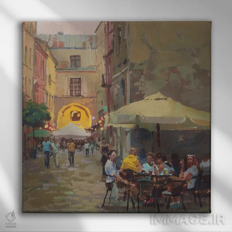 تابلو کافه در شهر قدیمی اثر الکس مووچون - نمای روبهرو روی دیوار
