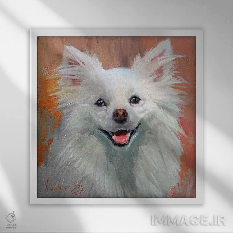 تابلو پرترهٔ سگ پشمالو در رنگهای گرم، پامرانین اثر الکس مووچون - نمای قابدار سفید