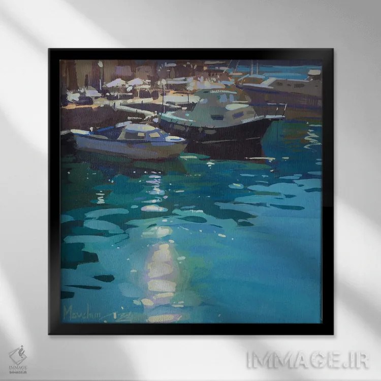 تابلو اسکلهٔ آفتابی، قایقها نزدیک اسکله اثر الکس مووچون - نمای قابدار مشکی