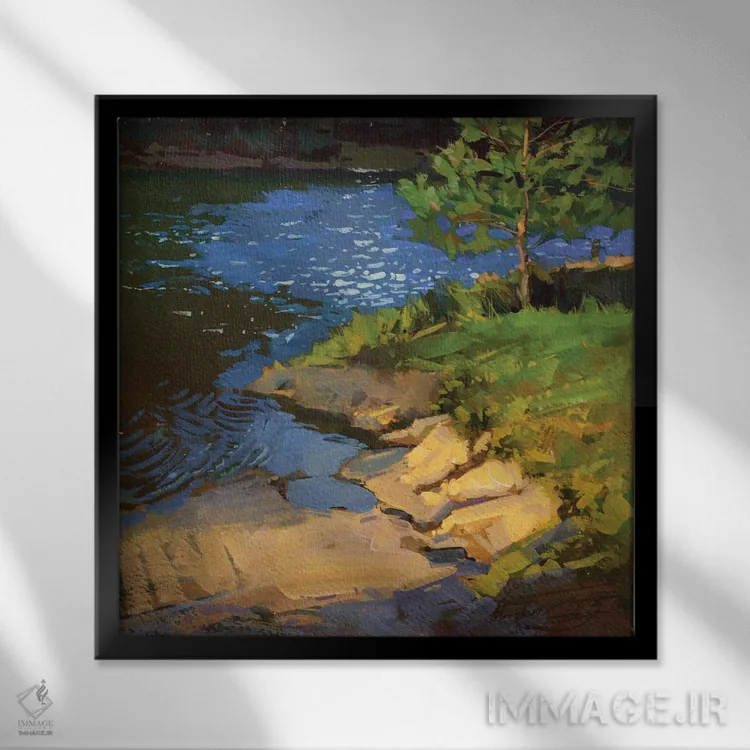 تابلو دریاچه در جنگل، روز آفتابی اثر الکس مووچون - نمای قابدار مشکی