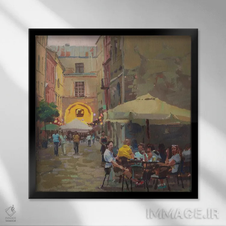 تابلو کافه در شهر قدیمی اثر الکس مووچون - نمای قابدار مشکی