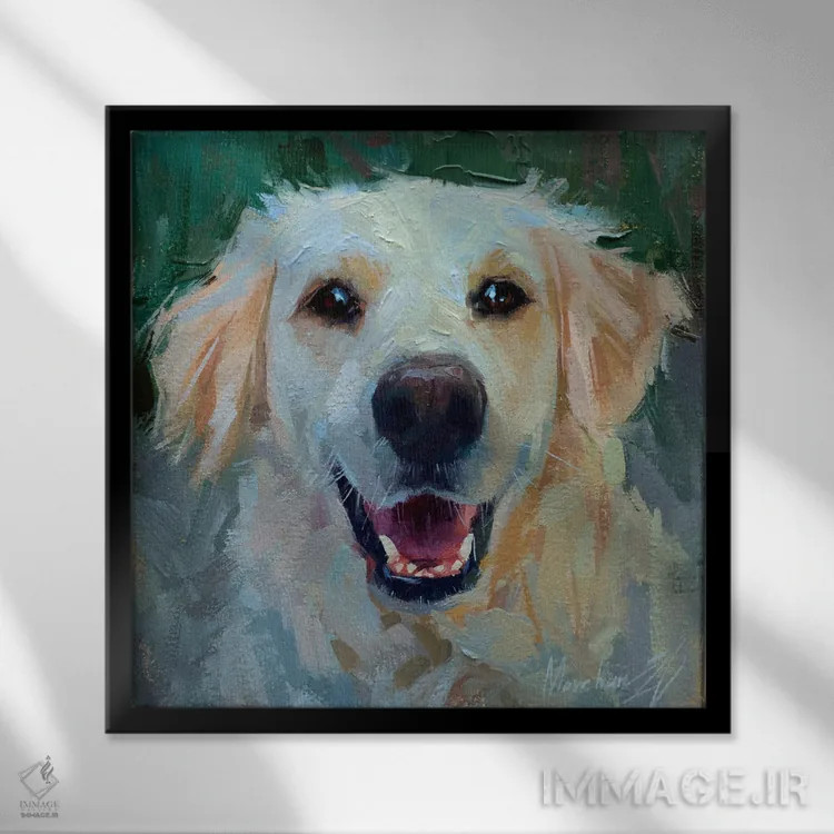 تابلو لابرادور سفید اثر الکس مووچون - نمای قابدار مشکی