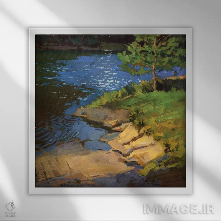 تابلو دریاچه در جنگل، روز آفتابی اثر الکس مووچون - نمای قابدار سفید