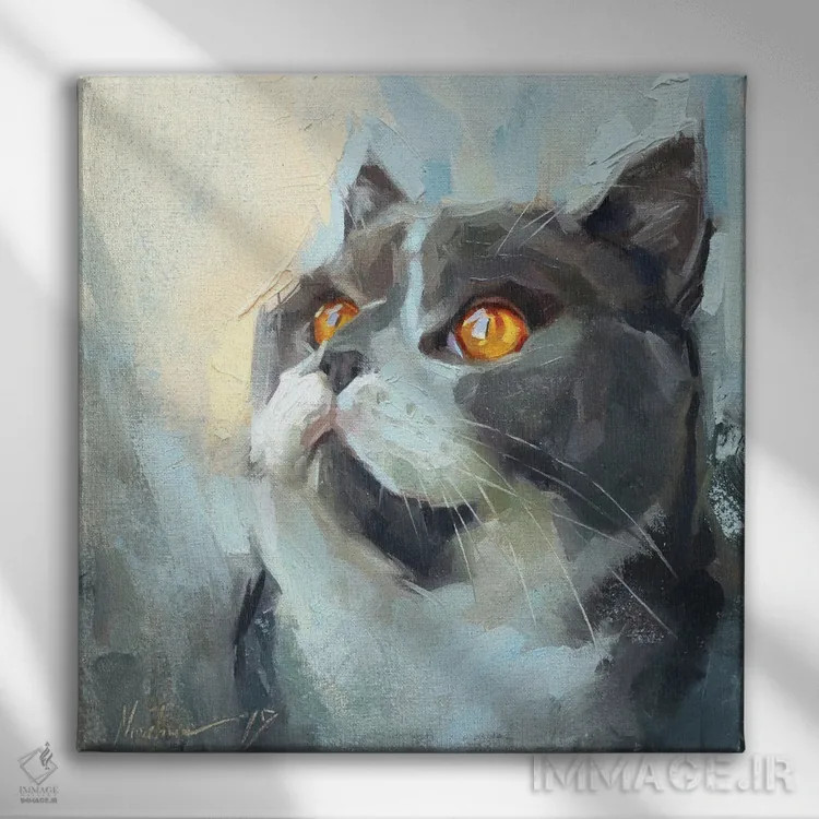 تابلو گربهٔ خاکستری اثر الکس مووچون - نمای روبهرو روی دیوار