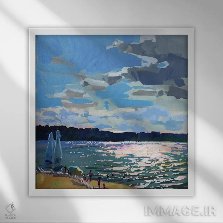تابلو روز آفتابی در ساحل اثر الکس مووچون - نمای قابدار سفید