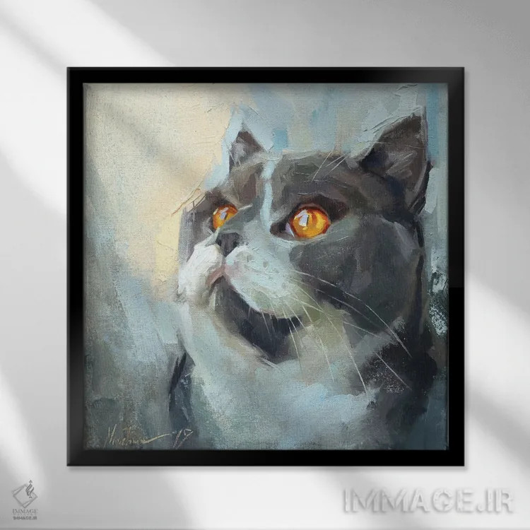 تابلو گربهٔ خاکستری اثر الکس مووچون - نمای قابدار مشکی