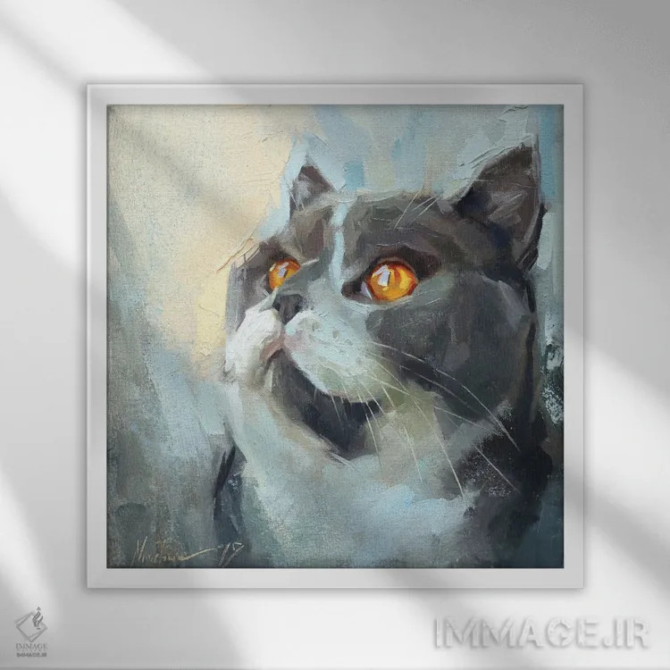 تابلو گربهٔ خاکستری اثر الکس مووچون - نمای قابدار سفید