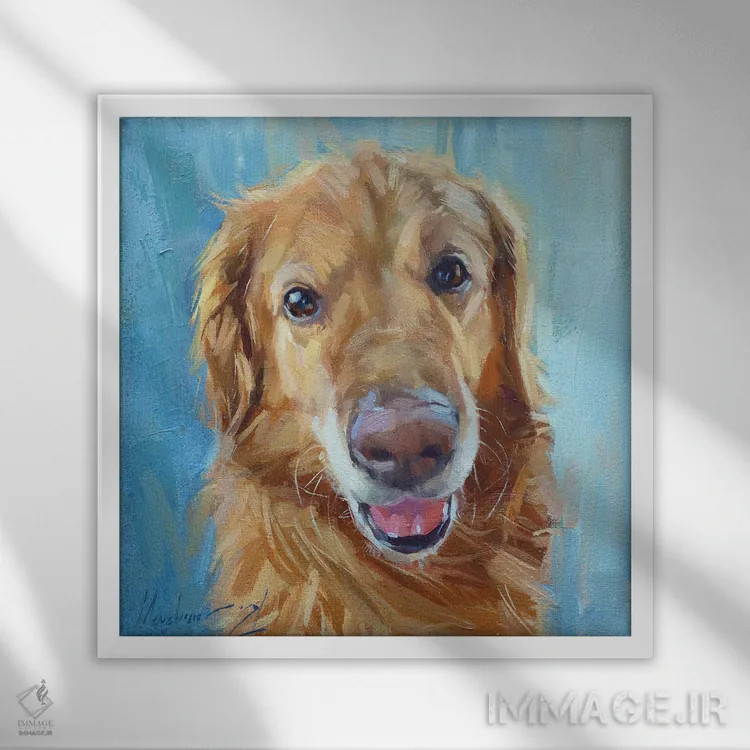 تابلو گلدن رتریور اثر الکس مووچون - نمای قابدار سفید