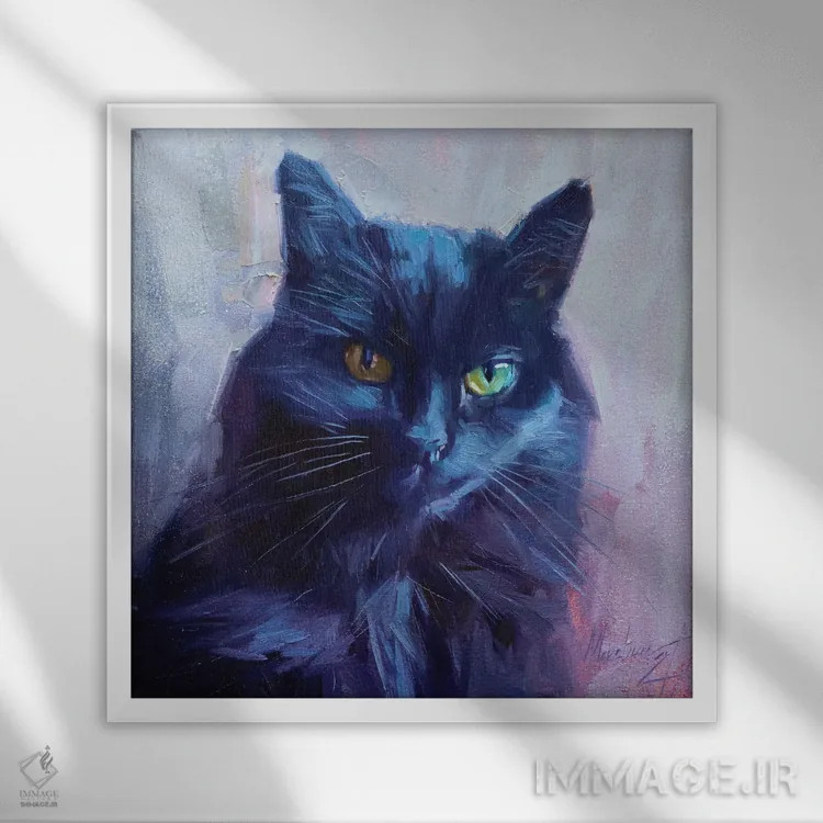 تابلو گربهٔ سیاه اثر الکس مووچون - نمای قابدار سفید