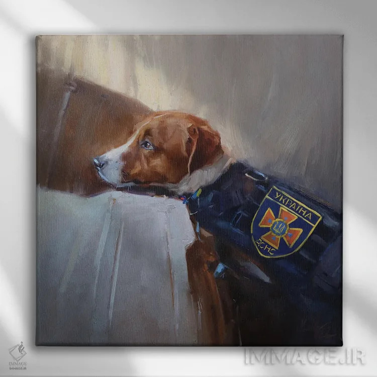 تابلو سگ جک راسل اوکراینی پاترون (نماد معروف اوکراینی) اثر الکس مووچون - نمای روبهرو روی دیوار