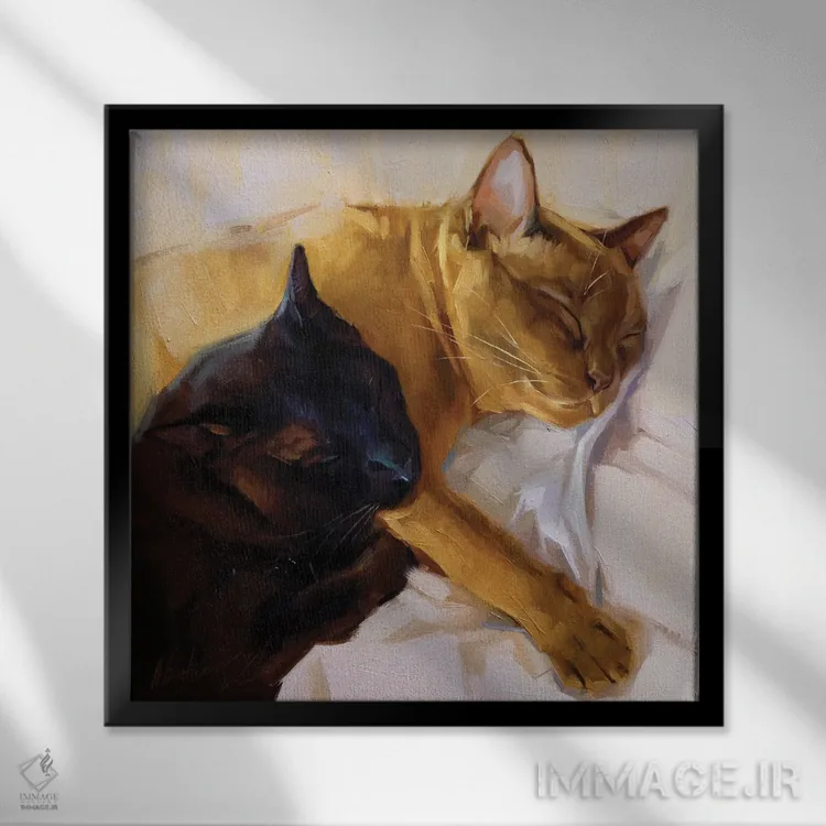 تابلو گربهٔ سیاه و طلایی اثر الکس مووچون - نمای قابدار مشکی