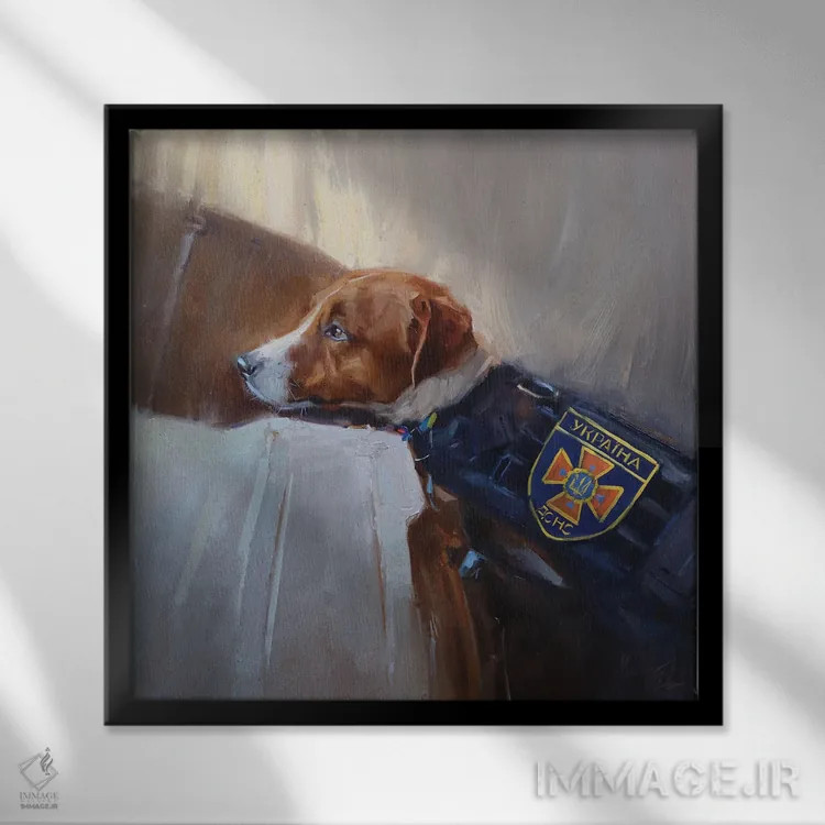 تابلو سگ جک راسل اوکراینی پاترون (نماد معروف اوکراینی) اثر الکس مووچون - نمای قابدار مشکی