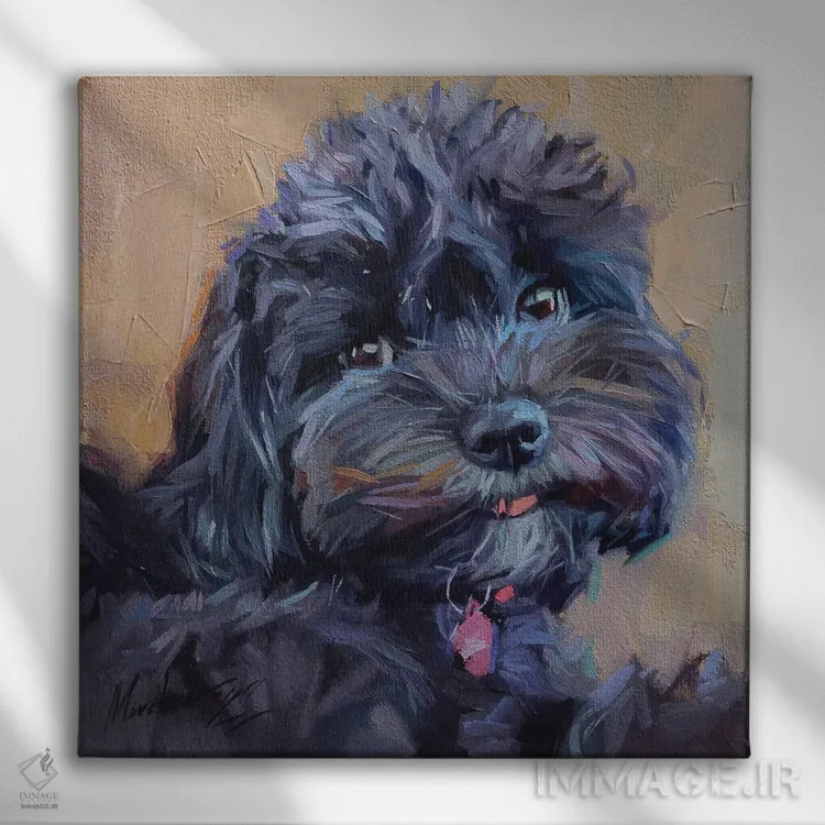 تابلو مالتیپو سیاه بامزه (نژاد ترکیبی سگ) اثر الکس مووچون - نمای روبهرو روی دیوار
