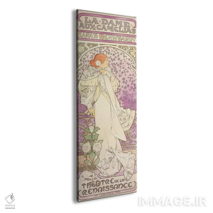 تابلو La Dame aux Camelias, at the Theatre de la Renaissance, 1896,سارا برنارد در "بانویی با گلهای کاملیا" در تئاتر رنسانس، ۱۸۹۶ اثر آلفونس موخا (هنرمند آرت نووی چک) - نمای پرسپکتیو محصول
