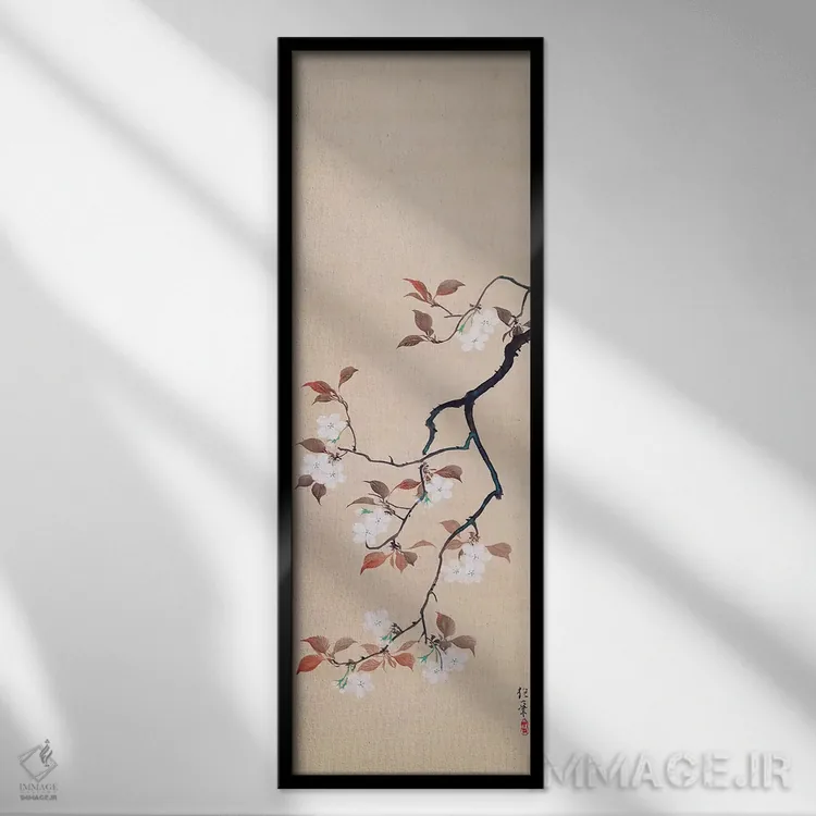 تابلو طومار آویزان با تصویر شکوفههای گیلاس اثر ساکای هویتسو (نقاش ژاپنی) - نمای قابدار مشکی