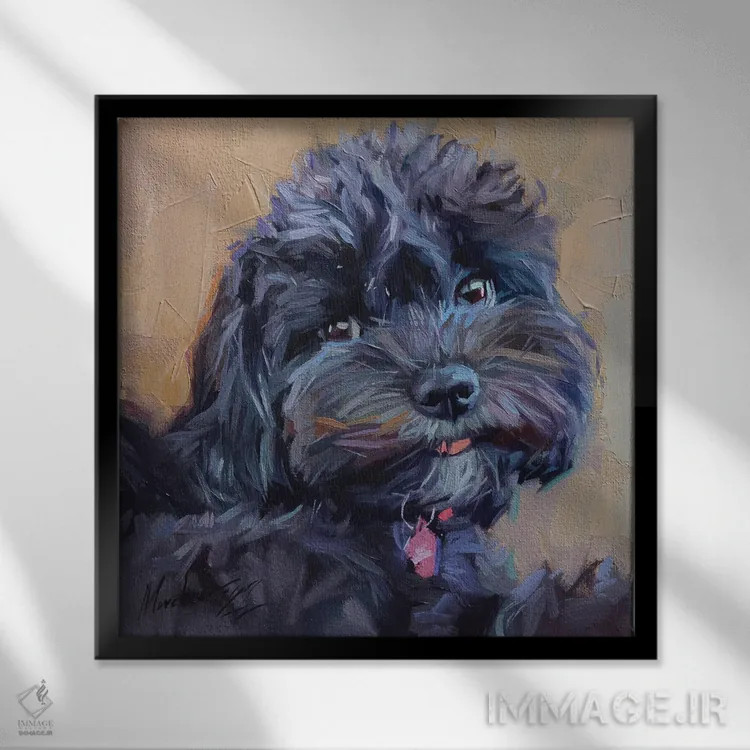 تابلو مالتیپو سیاه بامزه (نژاد ترکیبی سگ) اثر الکس مووچون - نمای قابدار مشکی