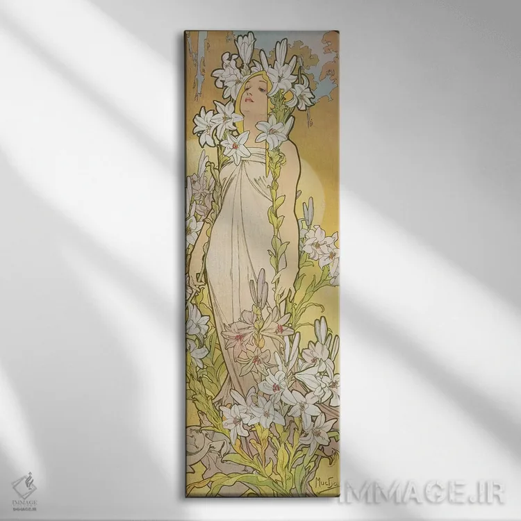 تابلو 1898,گلها: سوسن، ۱۸۹۸ اثر آلفونس موخا (هنرمند آرت نووی چک) - نمای روبهرو روی دیوار