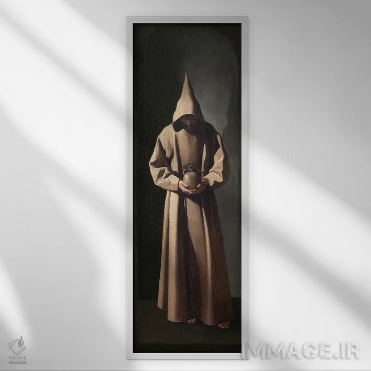 تابلو سنت فرانسیس در حال تأمل بر جمجمه، حدود ۱۶۳۵ اثر فرانسیسکو د زورباران (نقاش اسپانیایی باروک) - نمای قابدار سفید