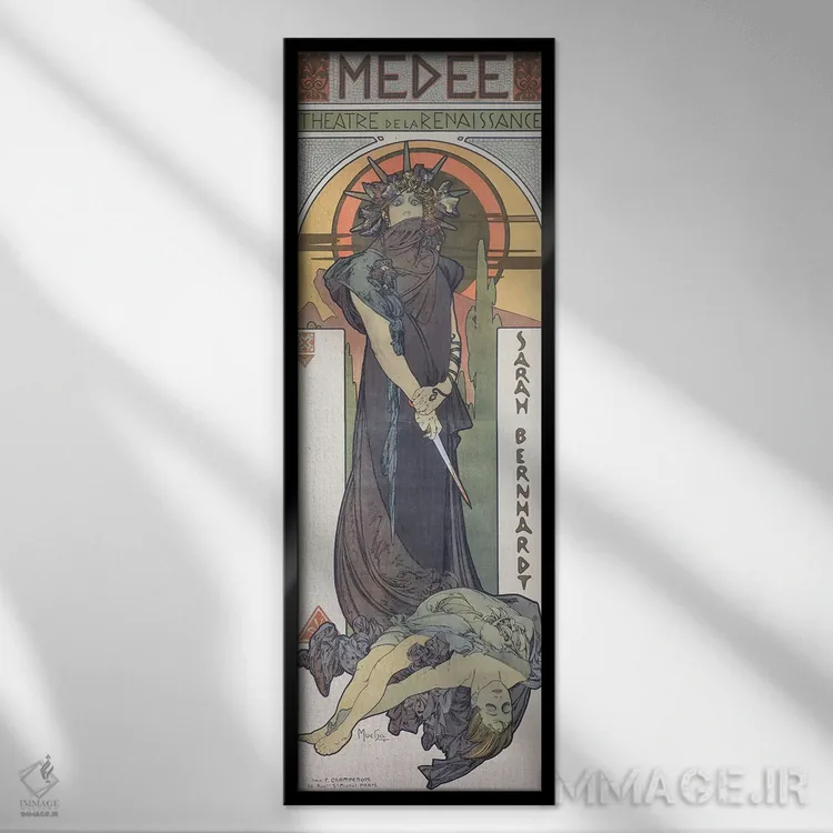 تابلو 1898,سارا برنارد در نقش مده در تئاتر رنسانس، ۱۸۹۸ اثر آلفونس موخا (هنرمند آرت نووی چک) - نمای قابدار مشکی