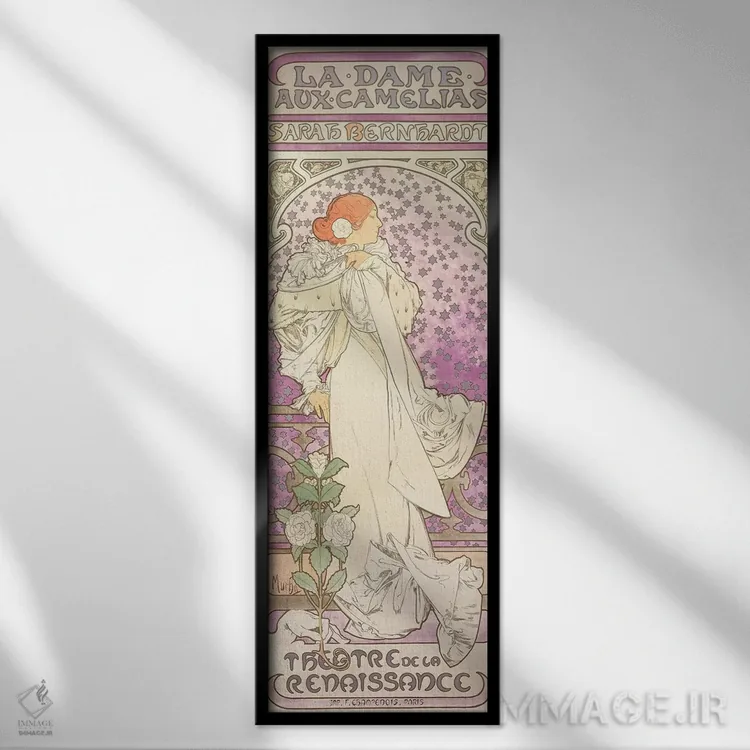 تابلو La Dame aux Camelias, at the Theatre de la Renaissance, 1896,سارا برنارد در "بانویی با گلهای کاملیا" در تئاتر رنسانس، ۱۸۹۶ اثر آلفونس موخا (هنرمند آرت نووی چک) - نمای قابدار مشکی
