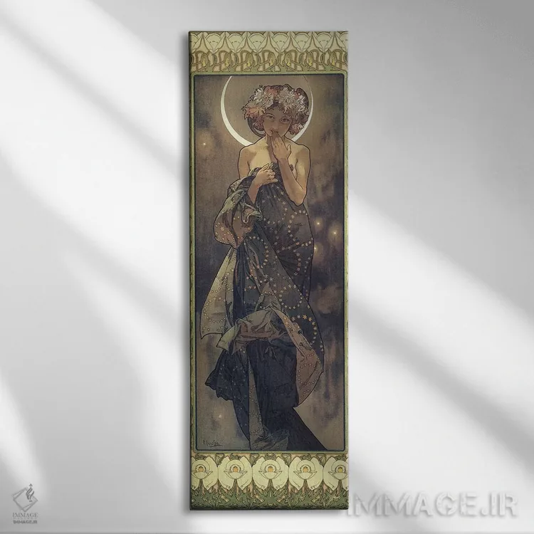 تابلو 1902,ماه و ستارگان: ماه، ۱۹۰۲ اثر آلفونس موخا (هنرمند آرت نووی چک) - نمای روبهرو روی دیوار