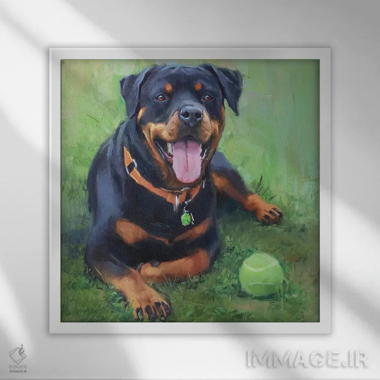 تابلو نقاشی روتوایلر (نژاد سگ) اثر الکس مووچون - نمای قابدار سفید