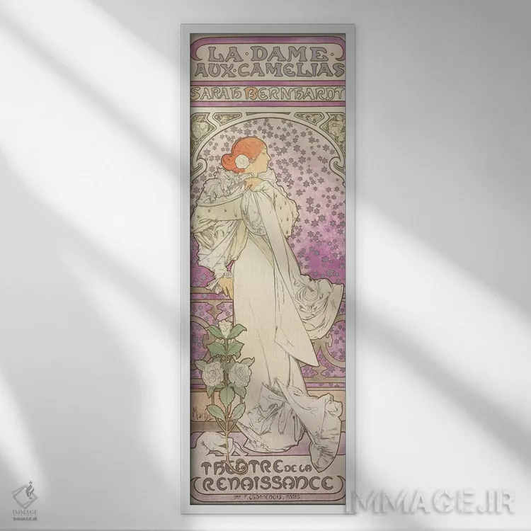 تابلو La Dame aux Camelias, at the Theatre de la Renaissance, 1896,سارا برنارد در "بانویی با گلهای کاملیا" در تئاتر رنسانس، ۱۸۹۶ اثر آلفونس موخا (هنرمند آرت نووی چک) - نمای قابدار سفید