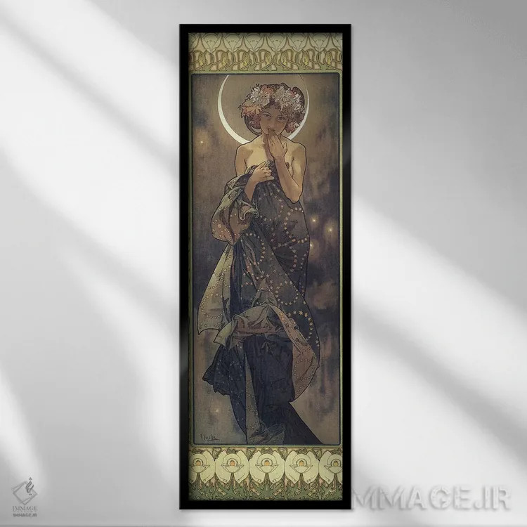 تابلو 1902,ماه و ستارگان: ماه، ۱۹۰۲ اثر آلفونس موخا (هنرمند آرت نووی چک) - نمای قابدار مشکی