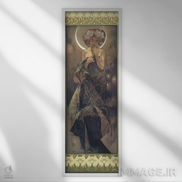 تابلو 1902,ماه و ستارگان: ماه، ۱۹۰۲ اثر آلفونس موخا (هنرمند آرت نووی چک) - نمای قابدار سفید