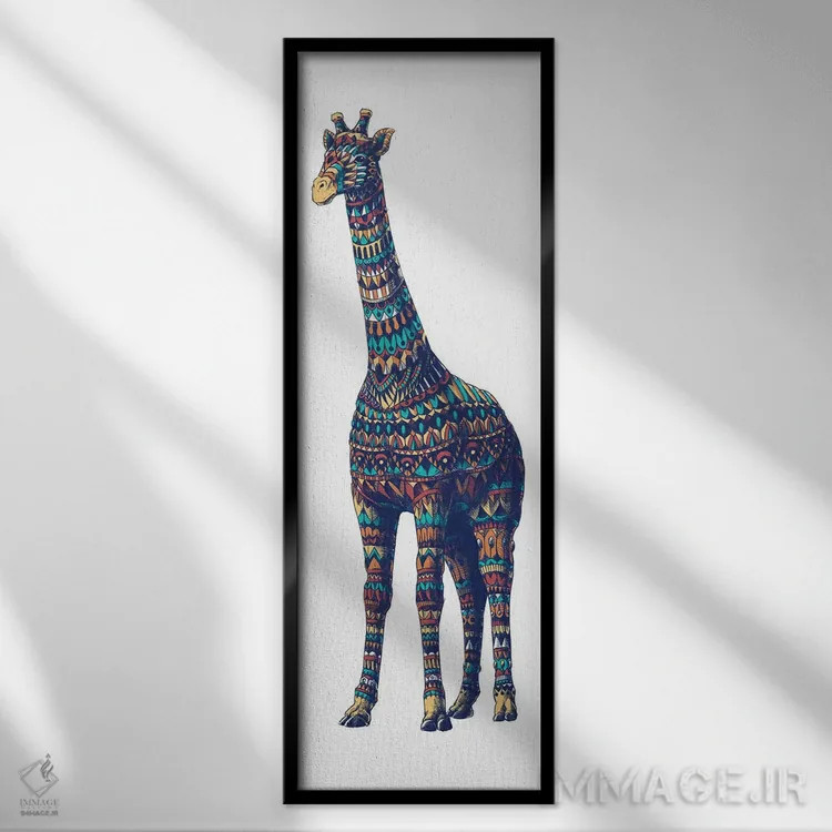 تابلو زرافه تزیینی رنگی شماره ۱ اثر بیوورکز - نمای قابدار مشکی