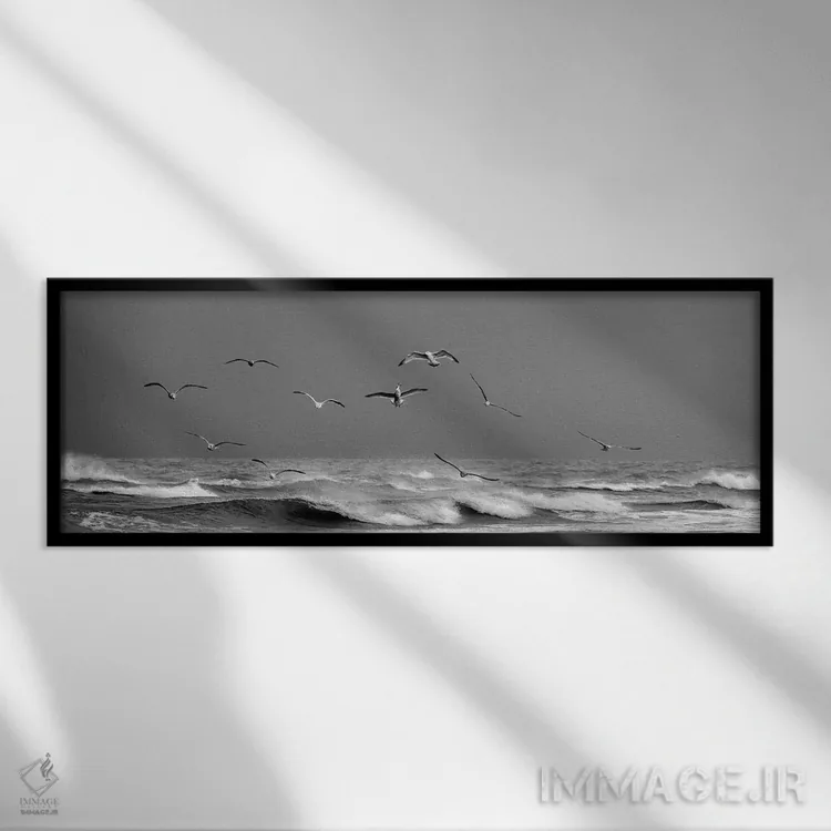 تابلو پرواز مرغهای دریایی بر ساحل وحشی اسکاگن (دانمارک) اثر دنیل گاستاگر - نمای قابدار مشکی