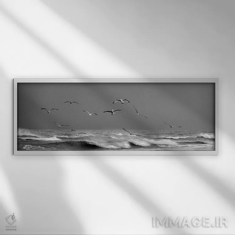 تابلو پرواز مرغهای دریایی بر ساحل وحشی اسکاگن (دانمارک) اثر دنیل گاستاگر - نمای قابدار سفید