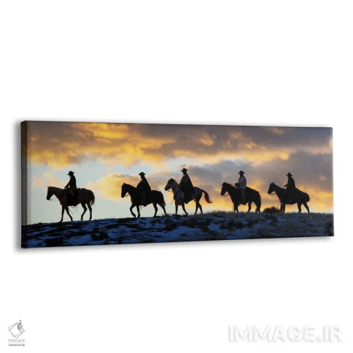 تابلو Shell, Wyoming Hideout Ranch Cowboys And Cowgirls Silhouetted Against Sunset Riding On Ridgeline II,آمریکا، شل، وایومینگ، کابویها و کابوی دختران در حال سواری سیلوئتشده مقابل غروب بر خطالرأس ۲ اثر دارل گالین - نمای پرسپکتیو محصول