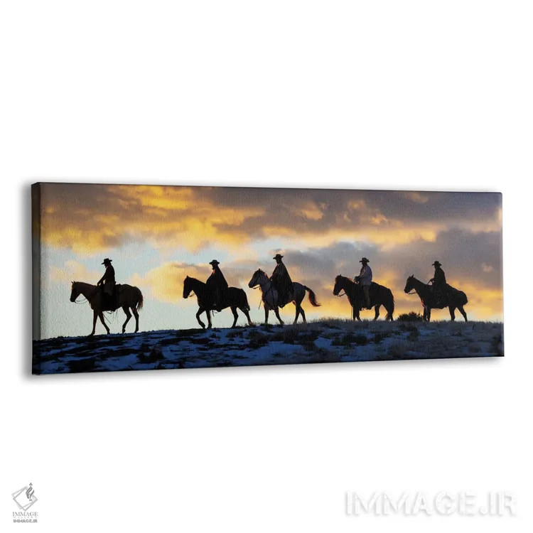 تابلو Shell, Wyoming Hideout Ranch Cowboys And Cowgirls Silhouetted Against Sunset Riding On Ridgeline II,آمریکا، شل، وایومینگ، کابویها و کابوی دختران در حال سواری سیلوئتشده مقابل غروب بر خطالرأس ۲ اثر دارل گالین - نمای پرسپکتیو محصول