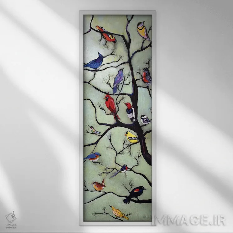 تابلو پرندگان روی درخت اثر دیویدای هینْدز - نمای قابدار سفید