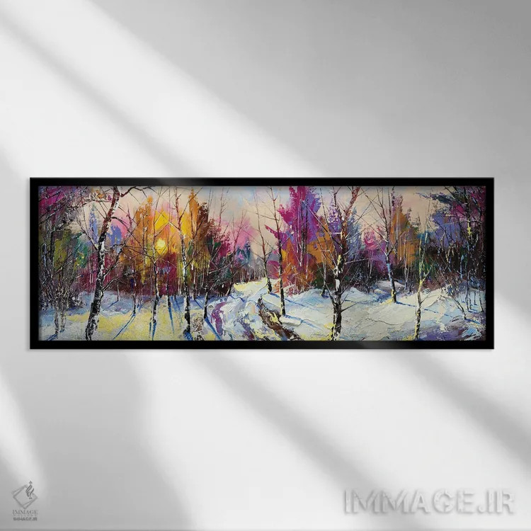 تابلو غروب در جنگل زمستانی اثر بالایکین - نمای قابدار مشکی
