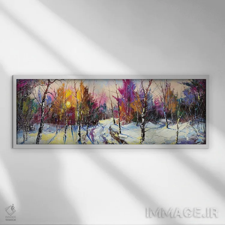 تابلو غروب در جنگل زمستانی اثر بالایکین - نمای قابدار سفید