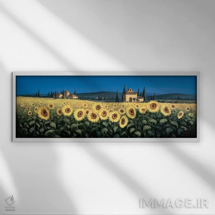 تابلو پانورامای توسکان، گلهای آفتابگردان اثر دیوید شورت - نمای قابدار سفید