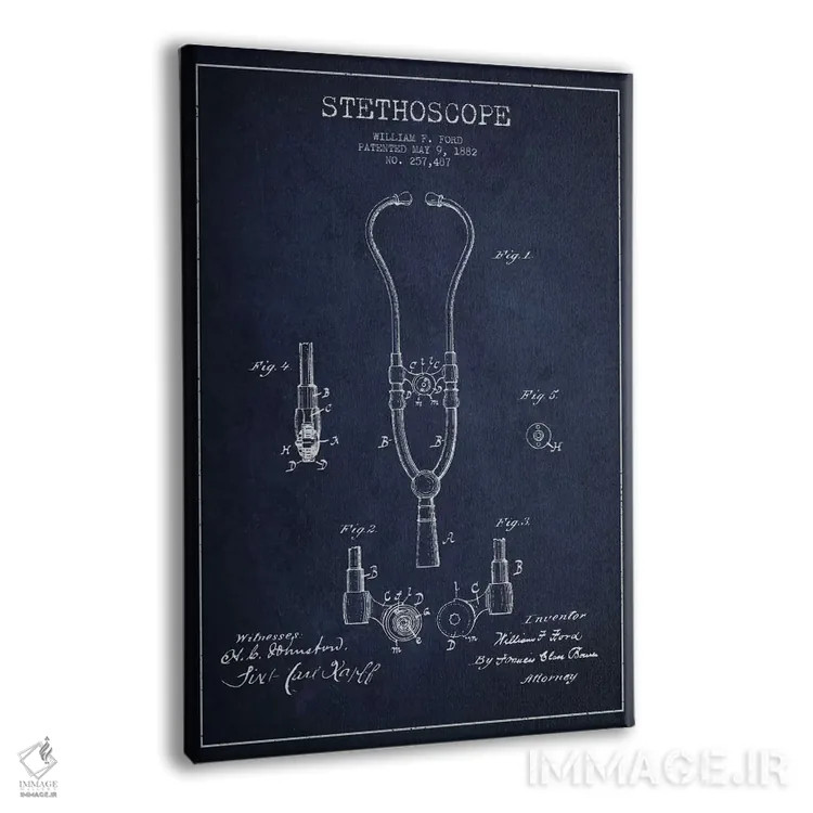 تابلو نقشهٔ ثبت اختراع گوشی پزشکی آبی نفتی اثر پیکسل کهنه (استودیو/نام هنری) - نمای پرسپکتیو محصول