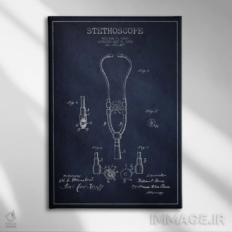 تابلو نقشهٔ ثبت اختراع گوشی پزشکی آبی نفتی اثر پیکسل کهنه (استودیو/نام هنری) - نمای روبهرو روی دیوار