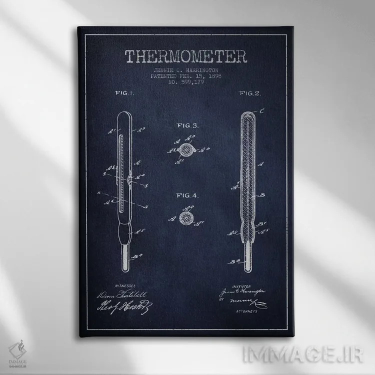 تابلو نقشهٔ ثبت اختراع دماسنج آبی نفتی اثر پیکسل کهنه (استودیو/نام هنری) - نمای روبهرو روی دیوار