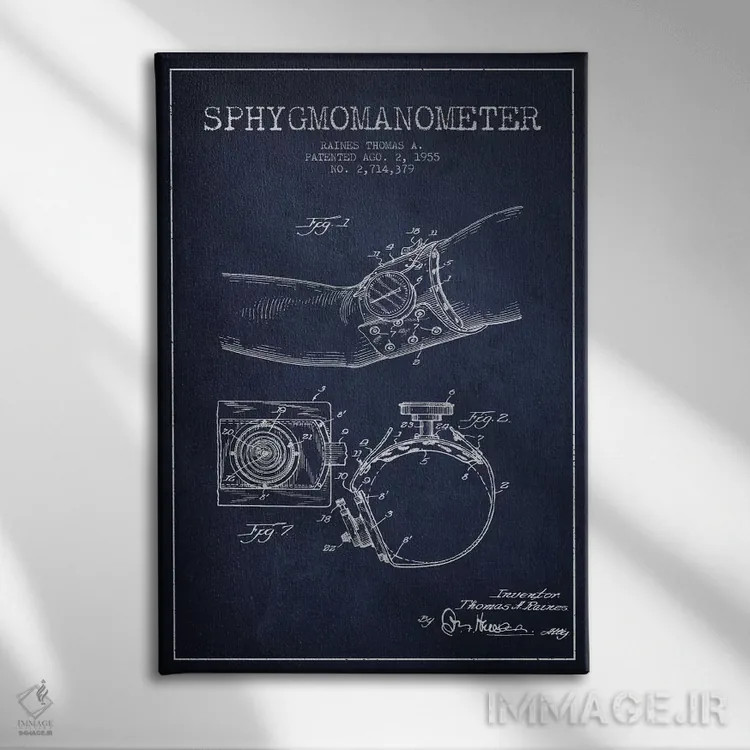 تابلو نقشهٔ ثبت اختراع فشارسنج بازویی آبی نفتی اثر پیکسل کهنه (استودیو/نام هنری) - نمای روبهرو روی دیوار