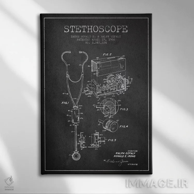 تابلو نقشهٔ ثبت اختراع گوشی پزشکی خاکستری اثر پیکسل کهنه (استودیو/نام هنری) - نمای روبهرو روی دیوار