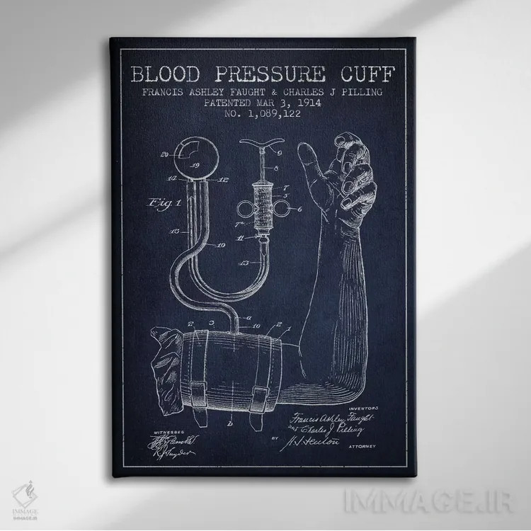 تابلو نقشهٔ ثبت اختراع فشارسنج آبی نفتی اثر پیکسل کهنه (استودیو/نام هنری) - نمای روبهرو روی دیوار