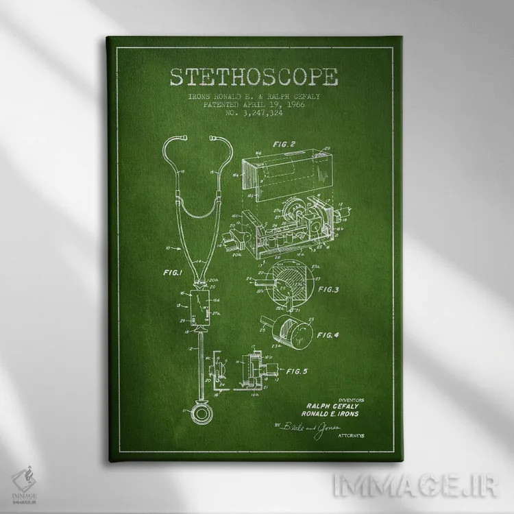 تابلو نقشهٔ ثبت اختراع گوشی پزشکی سبز اثر پیکسل کهنه (استودیو/نام هنری) - نمای روبهرو روی دیوار