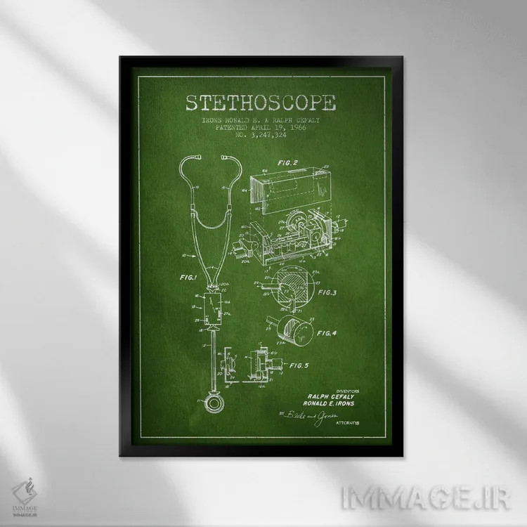 تابلو نقشهٔ ثبت اختراع گوشی پزشکی سبز اثر پیکسل کهنه (استودیو/نام هنری) - نمای قابدار مشکی