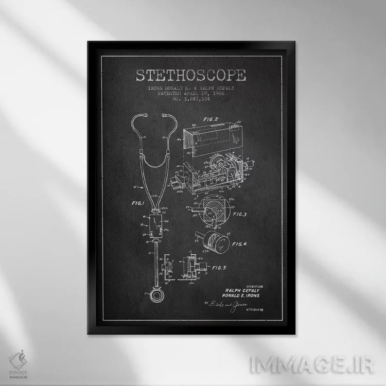 تابلو نقشهٔ ثبت اختراع گوشی پزشکی خاکستری اثر پیکسل کهنه (استودیو/نام هنری) - نمای قابدار مشکی