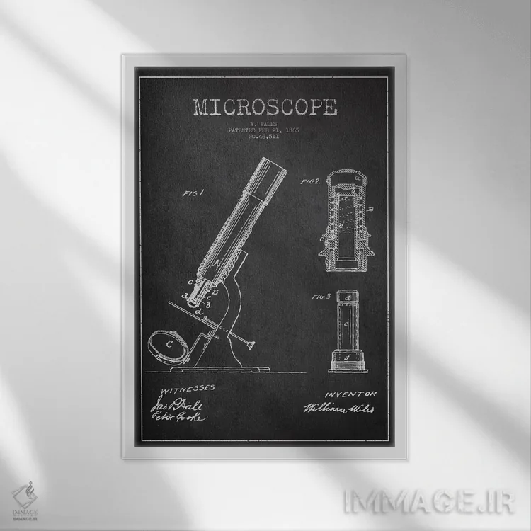 تابلو نقشهٔ ثبت اختراع میکروسکوپ خاکستری اثر پیکسل کهنه (استودیو/نام هنری) - نمای قابدار سفید