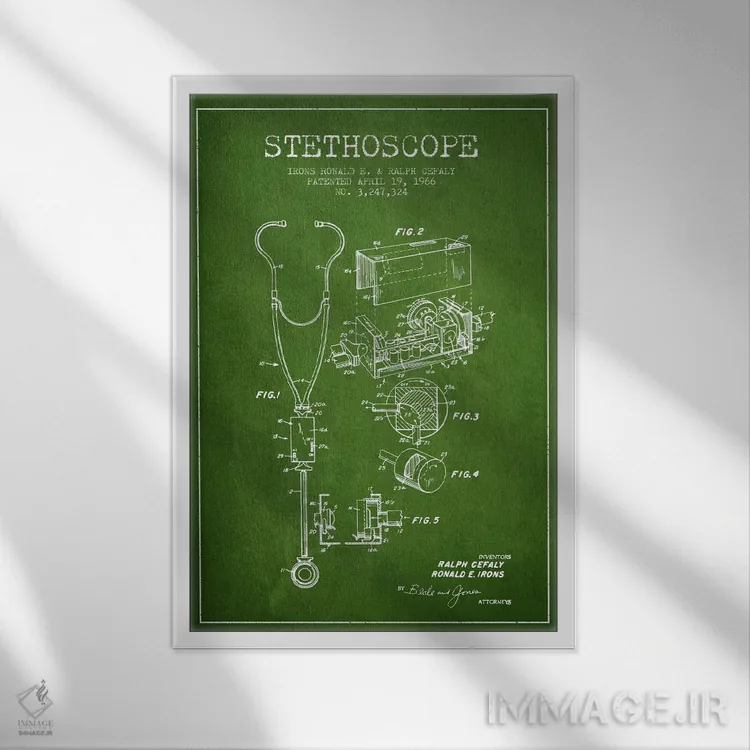 تابلو نقشهٔ ثبت اختراع گوشی پزشکی سبز اثر پیکسل کهنه (استودیو/نام هنری) - نمای قابدار سفید