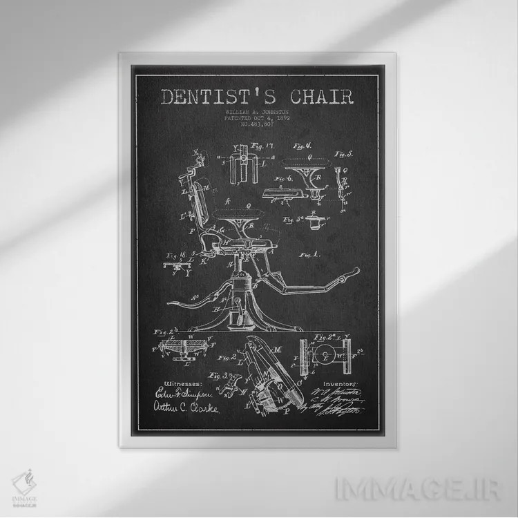 تابلو نقشهٔ ثبت اختراع صندلی دندانپزشک خاکستری اثر پیکسل کهنه (استودیو/نام هنری) - نمای قابدار سفید